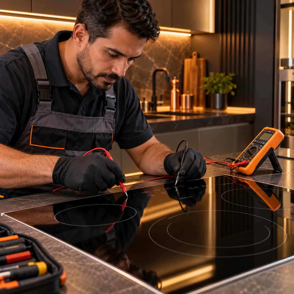 Técnico diagnosticando fogão de indução com instrumento de medição