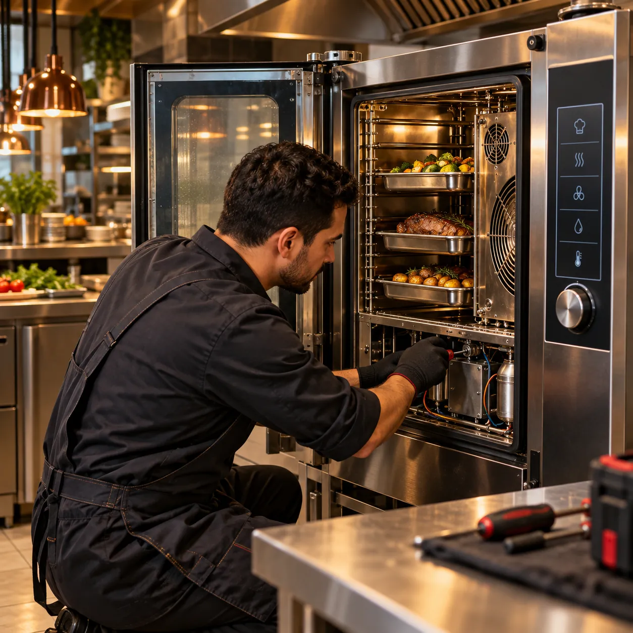 Técnico examinando forno combinado em cozinha profissional